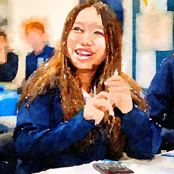 Watercolor of King's Ely International student laughing in classroom. King's Ely is a private boarding school in Cambridgeshire. 